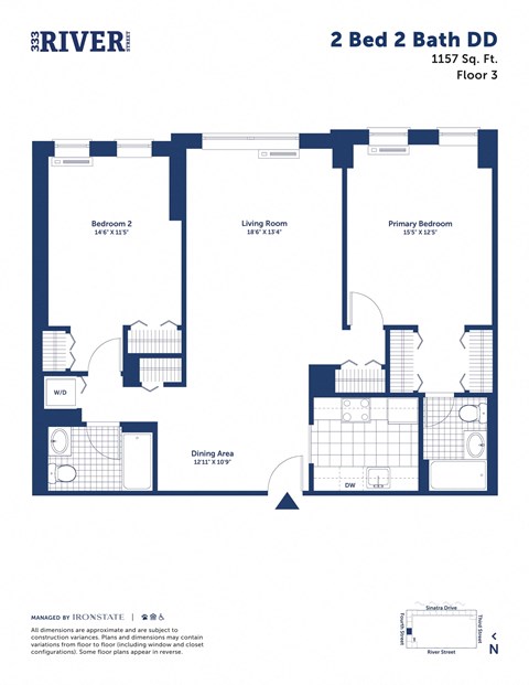Floor plan for 2 beds, 2 baths, 1157 sqft